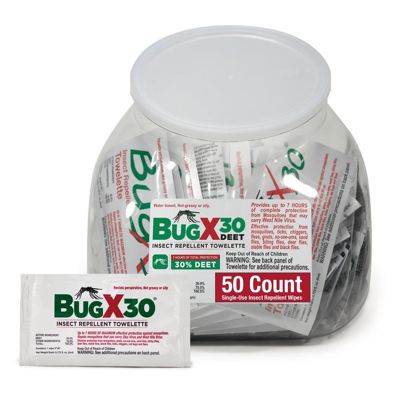 coretex Bug X 30 Mosquito, Tick, & Insect Repellent Wipes with 30% DEET - Fishbowl Pack of 50 Single-Use Bug Repellent Wipes for Up to 7 Hours of Reliable Protection Against 12 Types of Biting Insects - Image 1